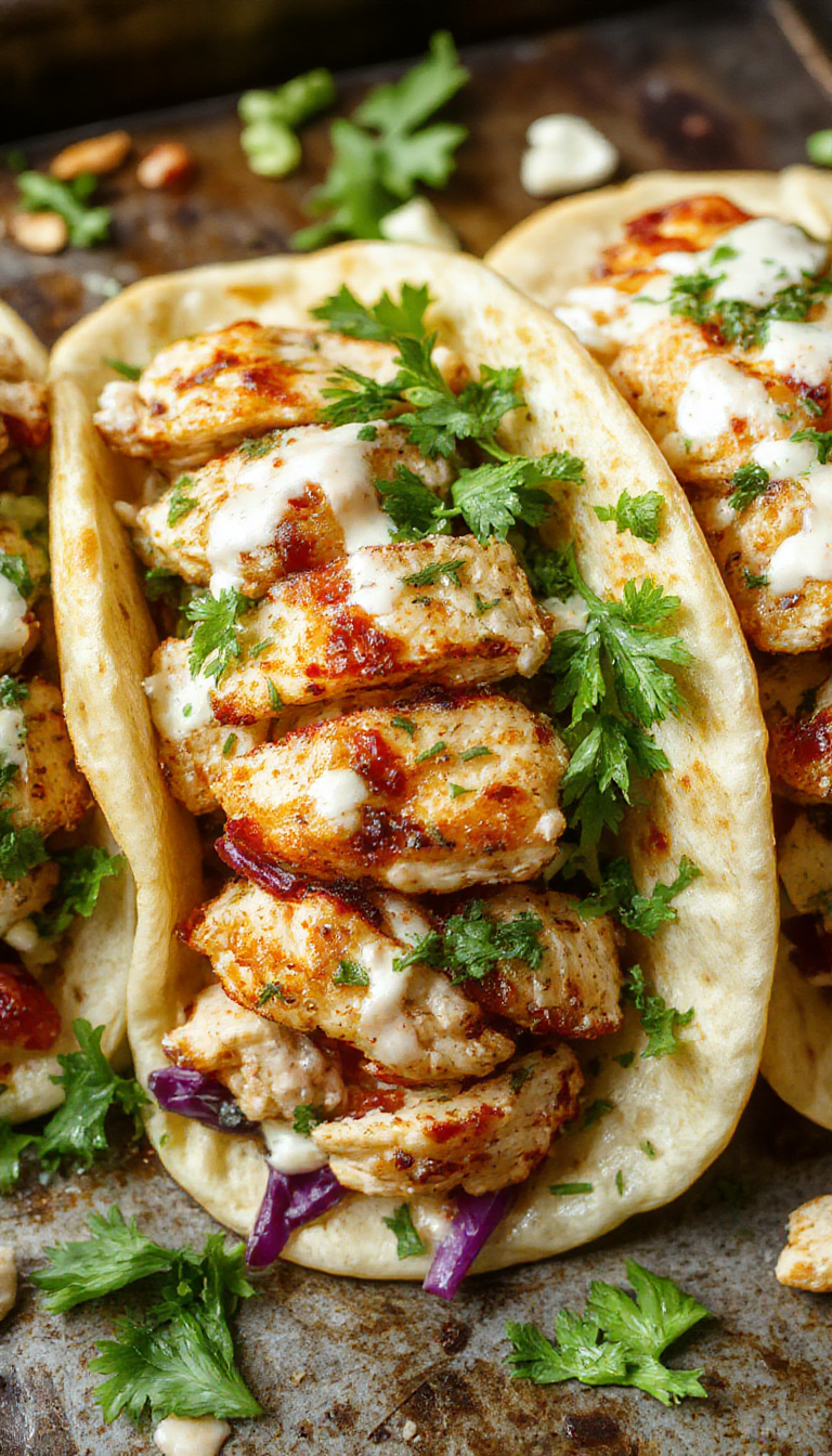 A vibrant plate featuring golden-brown sheet pan chicken nestled inside soft pita bread, topped with a colorful herb ranch slaw with crisp greens, shredded vegetables, and fresh herbs, all presented on a rustic wooden table with a drizzle of dressing.