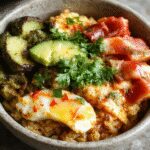 A vibrant taco rice bowl featuring fluffy white rice topped with seasoned ground meat, fresh diced tomatoes, shredded lettuce, sliced avocado, and a generous sprinkle of shredded cheese. The bowl is garnished with cilantro and a lime wedge, showcasing a colorful, well-balanced meal with textures of crunchy vegetables and tender meat.