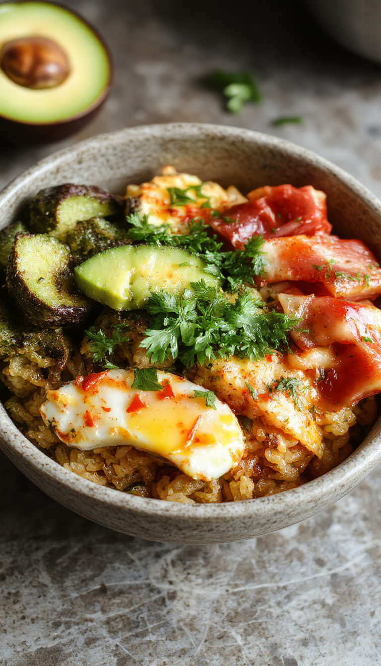 A vibrant taco rice bowl featuring fluffy white rice topped with seasoned ground meat, fresh diced tomatoes, shredded lettuce, sliced avocado, and a generous sprinkle of shredded cheese. The bowl is garnished with cilantro and a lime wedge, showcasing a colorful, well-balanced meal with textures of crunchy vegetables and tender meat.