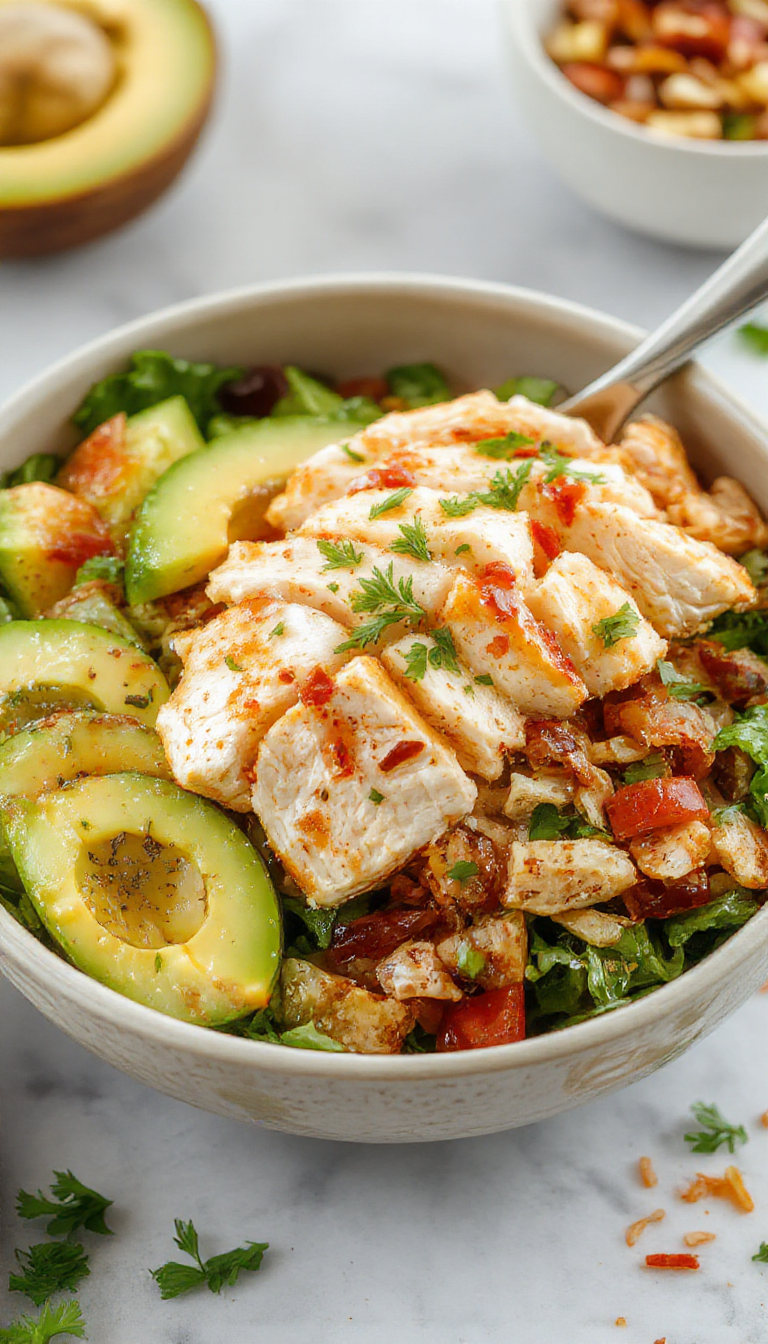 A vibrant Southwest Chicken Salad Bowl featuring colorful mixed greens, cherry tomatoes, black beans, corn, avocado slices, and grilled chicken strips arranged artistically in a white ceramic bowl. The salad is topped with crumbled queso fresco and a drizzle of tangy dressing, with fresh herbs sprinkled on top, emphasizing bright reds, greens, yellows, and earthy tones.