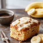 A slice of moist banana cake with golden-brown crust, topped with a swirl of creamy frosting and garnished with banana slices and chopped nuts on a rustic wooden plate.