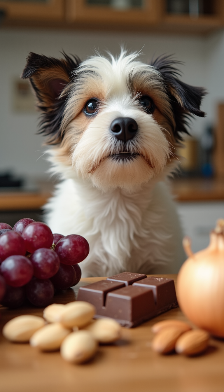 A close-up image showing a variety of common human foods such as grapes, chocolate, onions, and almonds on a kitchen countertop, with a curious dog nearby, highlighting potential hazards for pets.