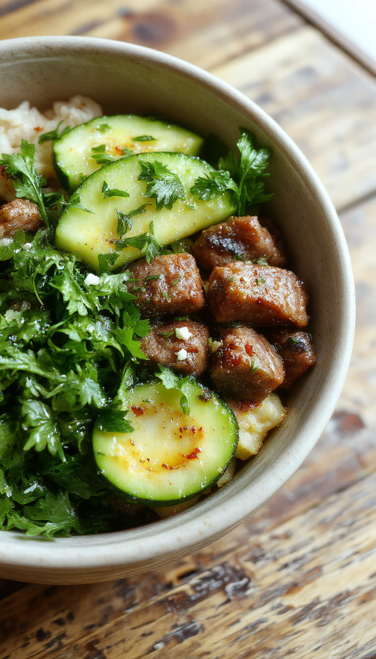 A vibrant Greek-style beef and zucchini rice bowl featuring seasoned ground beef atop fluffy white rice, garnished with fresh parsley and sliced zucchini, with a lemon wedge on the side. The bowl is colorful and inviting, showcasing textures of tender meat and tender zucchini with a fresh herb topping.