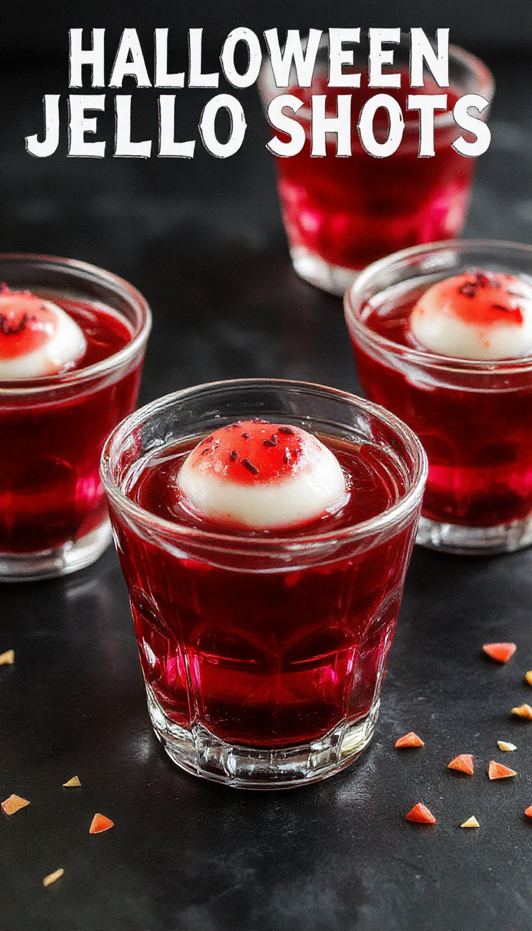 Close-up of eerie eyeball-shaped jello shots arranged on a dark platter. The gelatin is translucent with a red and white appearance resembling bloodshot eyes, complete with detailed irises and pupils. The textures of the gelatin are glossy and smooth, with some eyes slightly tilted to showcase their realistic design. Black edible decorations and dripping red syrup enhance the spooky effect, creating a chilling and festive display.