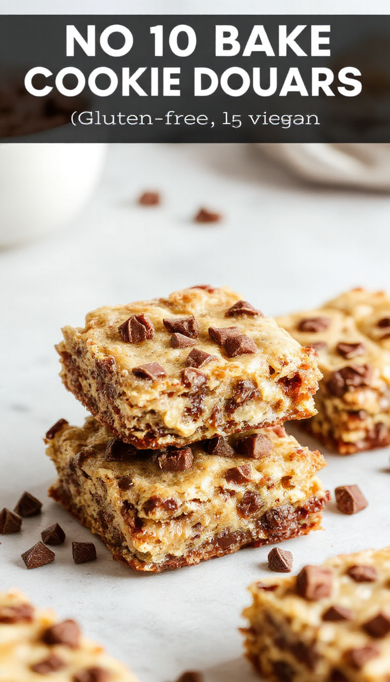 Close-up of a rectangular plate holding multiple no bake cookie dough bars, showcasing their golden-brown top with a slightly crumbly texture. The bars are topped with a drizzle of dark chocolate and sprinkled with chopped nuts, arranged neatly on a rustic wooden surface with a few scattered ingredients nearby.