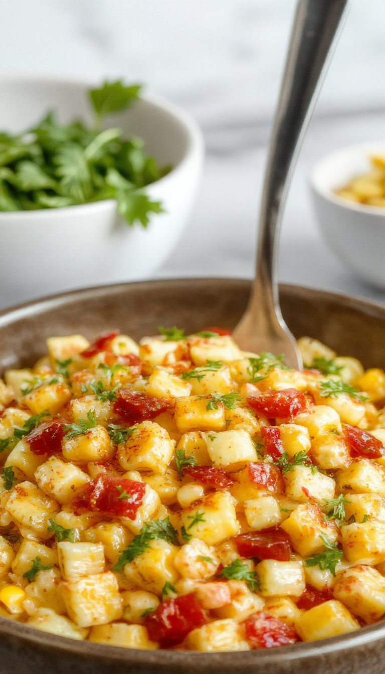 A vibrant bowl of street corn pasta salad featuring colorful spiral pasta coated in a creamy, slightly charred corn mixture, garnished with chopped cilantro, crumbled cheese, and slices of jalapenos. The dish is presented on a rustic wooden table with fresh ingredients surrounding it, highlighting its fresh and appealing look.