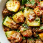 A vibrant zucchini beef stir-fry displayed in a rustic bowl, featuring thinly sliced beef and spiralized zucchini noodles coated in a glossy, savory sauce; garnished with green onions and sesame seeds, highlighting a colorful and appetizing presentation.