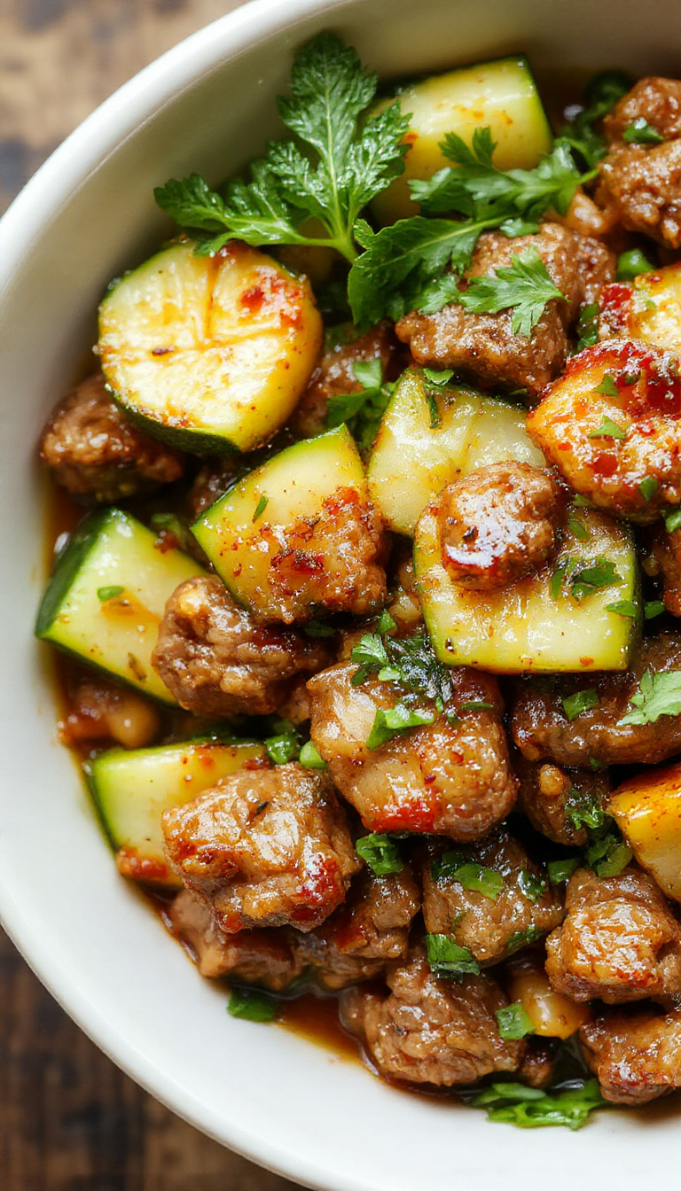 A vibrant zucchini beef stir-fry displayed in a rustic bowl, featuring thinly sliced beef and spiralized zucchini noodles coated in a glossy, savory sauce; garnished with green onions and sesame seeds, highlighting a colorful and appetizing presentation.