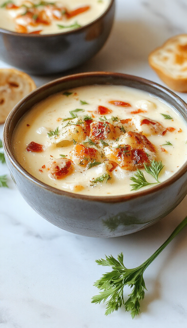 A bowl of white lasagna soup with a creamy white broth, topped with melted cheese, chopped herbs, and visible layers of pasta, served in a rustic ceramic bowl on a wooden table with fresh herbs and garlic around.