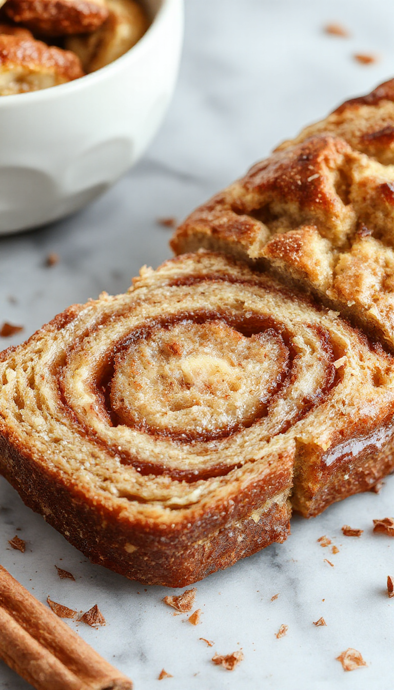 A golden-brown banana bread loaf with a prominent cinnamon swirl running through the center, sliced to reveal its moist, tender crumb with swirls of cinnamon and sugar. The bread is presented on a rustic wooden platter, garnished with a dusting of powdered sugar and a sprig of fresh banana leaf, evoking a warm, inviting breakfast setting.