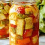A jar of vibrant homemade refrigerator pickled vegetables featuring sliced cucumbers, carrots, and radishes with visible herbs and spices inside, set against a light background. The vegetables are colorful, crisp-looking, and immersed in brine, with a slight sheen on the surface.