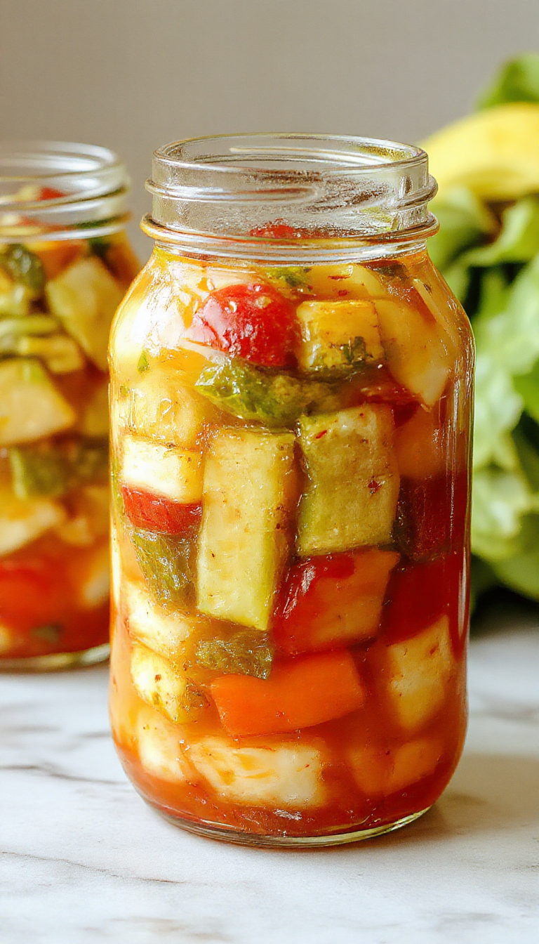 A jar of vibrant homemade refrigerator pickled vegetables featuring sliced cucumbers, carrots, and radishes with visible herbs and spices inside, set against a light background. The vegetables are colorful, crisp-looking, and immersed in brine, with a slight sheen on the surface.