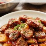 A vibrant skillet featuring golden roasted sweet potato cubes topped with slices of glazed honey garlic sausage, garnished with fresh herbs. The sausages are caramelized with a shiny glaze, contrasting with the tender, orange-hued sweet potatoes and crisp green herbs, creating an inviting, colorful dish.