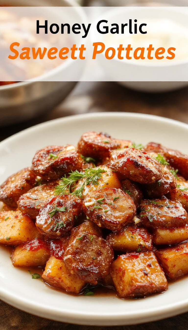 A vibrant skillet featuring golden roasted sweet potato cubes topped with slices of glazed honey garlic sausage, garnished with fresh herbs. The sausages are caramelized with a shiny glaze, contrasting with the tender, orange-hued sweet potatoes and crisp green herbs, creating an inviting, colorful dish.