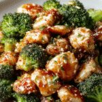 A vibrant plate of honey sesame chicken and broccoli featuring crispy-coated chicken pieces glazed with glossy honey sauce, garnished with toasted sesame seeds, alongside bright green broccoli florets, all arranged on a white ceramic plate with a subtle textured background