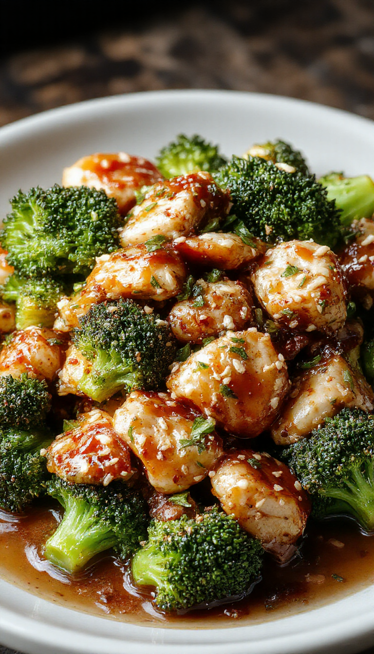 A vibrant plate of honey sesame chicken and broccoli featuring crispy-coated chicken pieces glazed with glossy honey sauce, garnished with toasted sesame seeds, alongside bright green broccoli florets, all arranged on a white ceramic plate with a subtle textured background