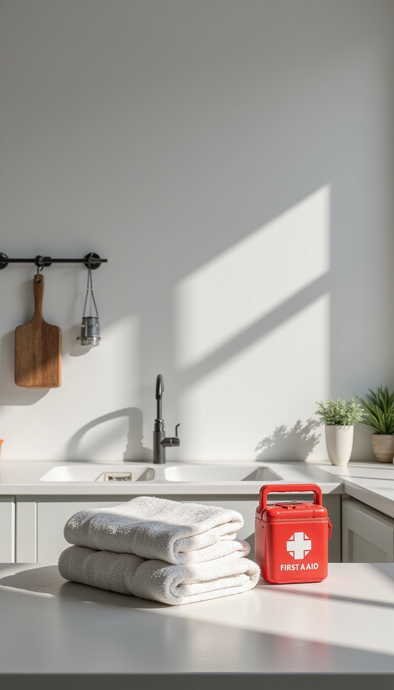 A high-resolution image illustrating common household items such as a towel, a first aid kit, and a plastic bottle arranged on a clean, well-lit kitchen counter, ready for use in an emergency supportive scenario. The scene exudes a sense of preparedness and calm, with vibrant colors highlighting the practicality of everyday objects in life-saving situations.