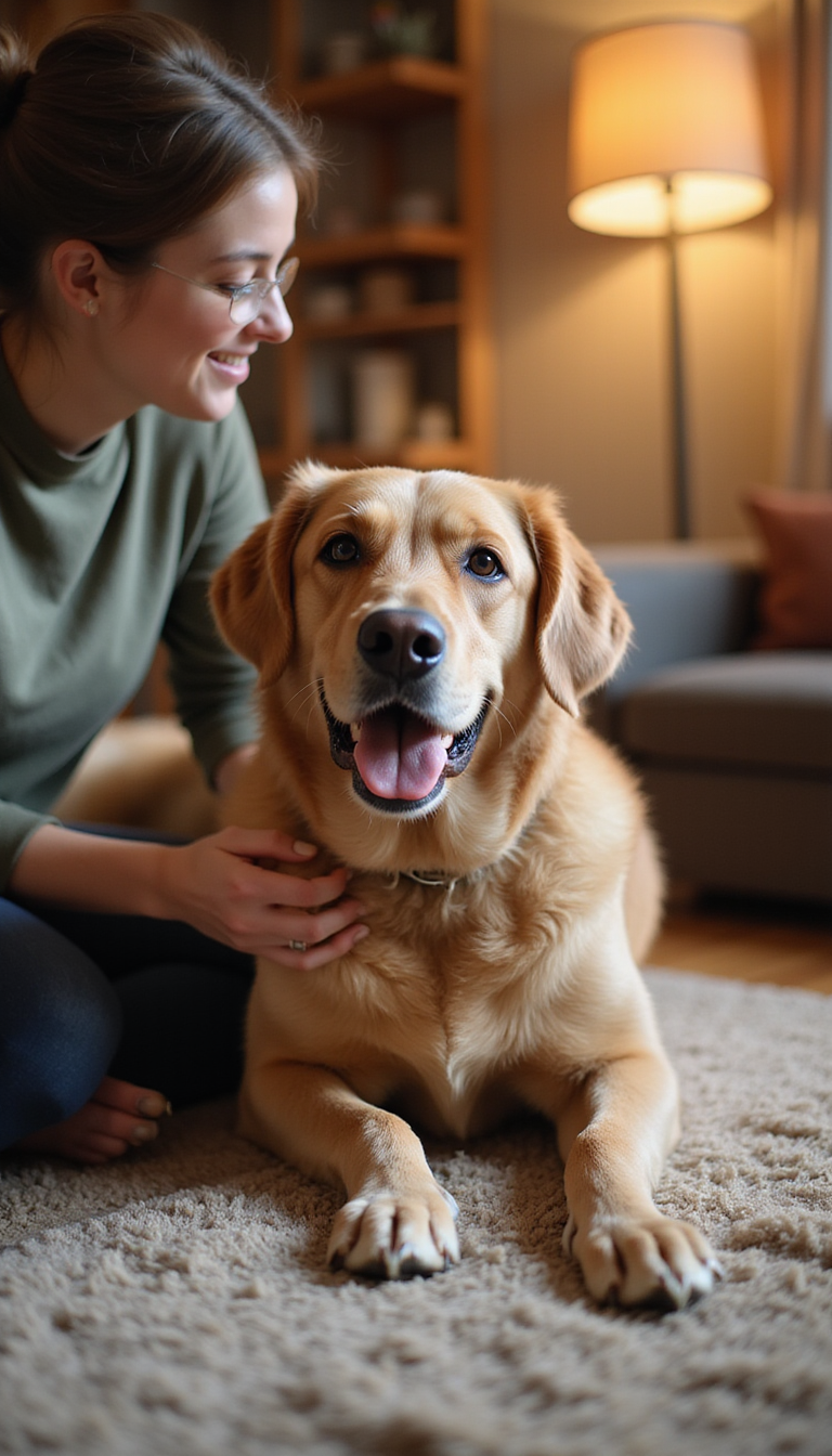 A person gently petting a happy dog in a cozy living room with soft lighting, showcasing positive interaction and affectionate gestures between owner and pet.