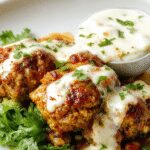 A close-up of golden-brown chicken kofta arranged on a white platter, drizzled with creamy garlic yogurt sauce, garnished with fresh herbs and lemon wedges, all presented on a rustic wooden table with a side of vibrant vegetables.