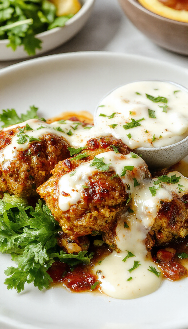 A close-up of golden-brown chicken kofta arranged on a white platter, drizzled with creamy garlic yogurt sauce, garnished with fresh herbs and lemon wedges, all presented on a rustic wooden table with a side of vibrant vegetables.