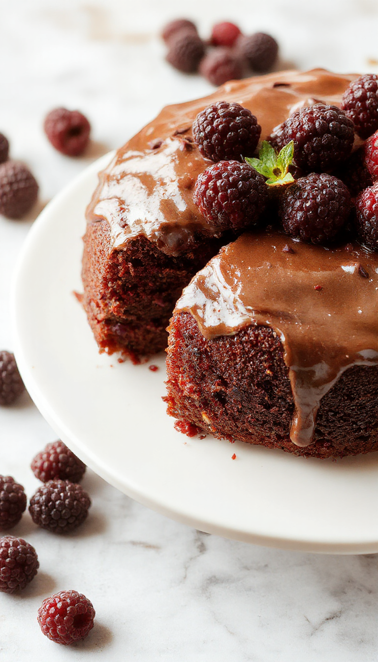 A luscious blackberry chocolate cake with a glossy dark chocolate glaze, topped with fresh blackberries and delicate chocolate shavings. The cake is layered, revealing rich chocolate and vibrant blackberries inside, set on an elegant white plate with a drizzle of berry sauce around it.