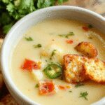 A warm bowl of jalapeno popper soup garnished with shredded cheese, chopped green onions, and crispy bacon bits. The soup is vibrant green with a creamy, smooth texture, presented in a rustic white bowl on a wooden surface, with a side of toasted bread slices.