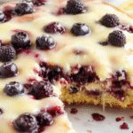 A vibrant lemon blueberry sheet cake displayed on a rustic wooden table. The cake has a golden-brown crust with a moist interior visible through a slight cut. Blueberries are scattered over the top, tinged with a glaze that adds a glossy finish. Fresh lemon slices and a sprig of mint garnish the sides, adding color and freshness.