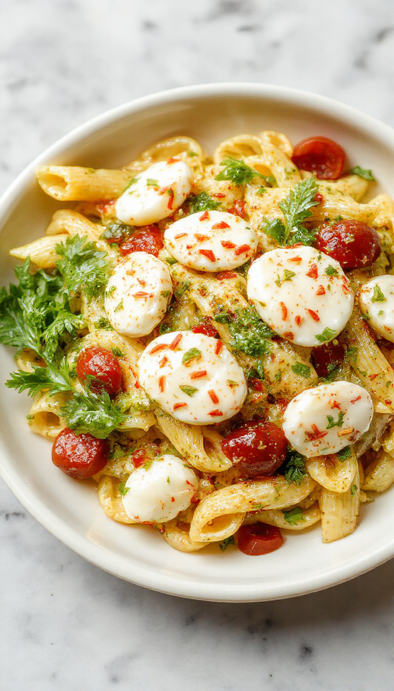 A vibrant Caprese pasta salad featuring spiral pasta coated in green pesto, cherry tomato halves, fresh mozzarella balls, and basil leaves, arranged artfully on a white plate with a drizzle of balsamic glaze and a sprinkle of grated Parmesan, all set against a rustic wooden table backdrop.