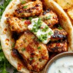 A close-up of a Mediterranean chicken gyros served on a white plate, featuring sliced seasoned chicken, crisp lettuce, diced tomatoes, red onion, and a generous dollop of creamy white tzatziki sauce drizzled over the ingredients. The dish is garnished with fresh herbs and placed alongside whole wheat pita bread. The vibrant colors of the fresh vegetables contrast with the golden-brown chicken and the creamy white sauce, with a rustic wooden table background.