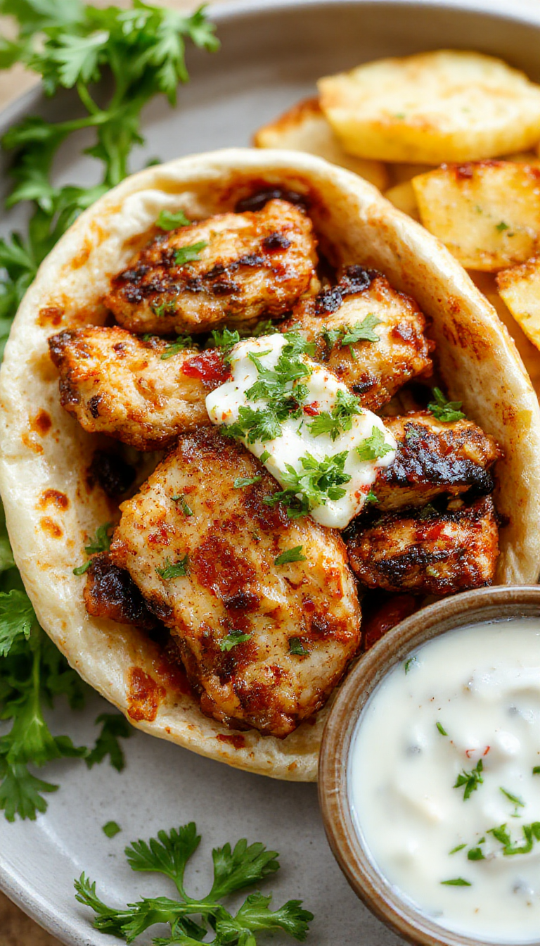 A close-up of a Mediterranean chicken gyros served on a white plate, featuring sliced seasoned chicken, crisp lettuce, diced tomatoes, red onion, and a generous dollop of creamy white tzatziki sauce drizzled over the ingredients. The dish is garnished with fresh herbs and placed alongside whole wheat pita bread. The vibrant colors of the fresh vegetables contrast with the golden-brown chicken and the creamy white sauce, with a rustic wooden table background.