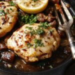 A vibrant Mediterranean chicken skillet featuring golden-brown chicken breasts topped with cherry tomatoes, olives, and fresh herbs, arranged in a rustic skillet with colorful vegetables around. The dish is garnished with parsley and lemon wedges, with a backdrop of a kitchen countertop and a wooden serving board.