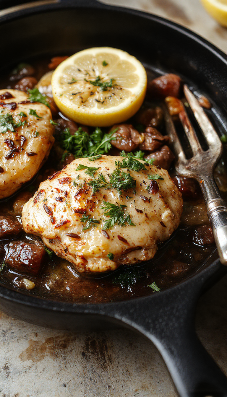 A vibrant Mediterranean chicken skillet featuring golden-brown chicken breasts topped with cherry tomatoes, olives, and fresh herbs, arranged in a rustic skillet with colorful vegetables around. The dish is garnished with parsley and lemon wedges, with a backdrop of a kitchen countertop and a wooden serving board.