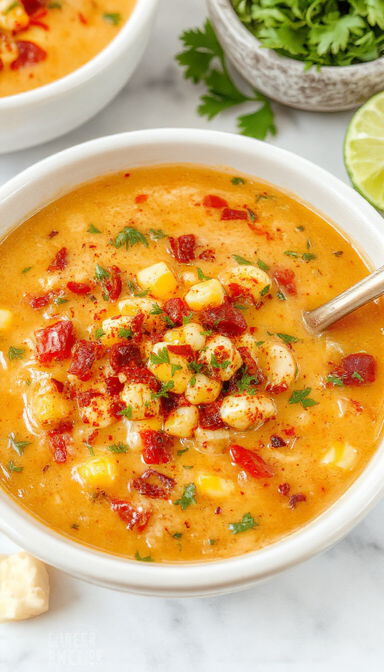 A steaming bowl of Mexican street corn soup placed on a rustic wooden table. The soup is garnished with fresh cilantro, crumbled queso fresco, and a wedge of lime on the side. The vibrant yellow corn-based soup has a creamy texture with visible kernels, topped with a drizzle of chili oil and sprinkled with chili powder. In the background, a spoon rests beside the bowl and a small dish of tortilla chips is visible, enhancing the warm, cozy atmosphere.