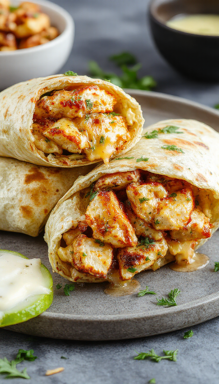 A close-up of multiple golden-brown chicken wraps sliced in half, revealing melted cheese, crispy lettuce, and seasoned chicken inside, arranged on a rustic wooden platter with fresh herbs scattered around. The wraps are topped with a drizzle of garlic sauce and are steaming slightly, highlighting their gooey interior and crispy exterior.