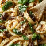 A close-up of a skillet filled with al dente pasta coated in a creamy white sauce. Fresh spinach leaves, sliced mushrooms, and grated parmesan cheese are generously layered on top, with the dish garnished with a sprinkle of black pepper and chopped parsley. The vibrant green spinach contrasts with the earthy brown mushrooms and creamy pasta, creating an inviting and hearty presentation.