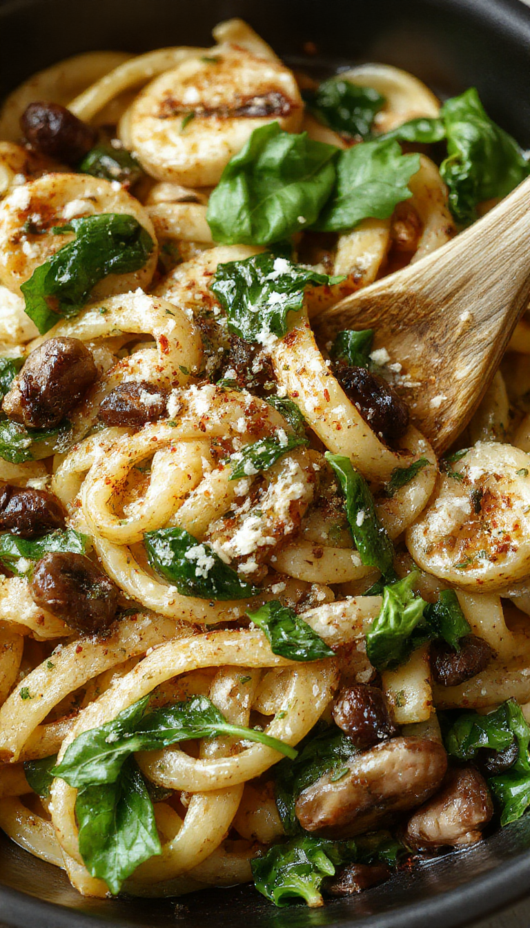 A close-up of a skillet filled with al dente pasta coated in a creamy white sauce. Fresh spinach leaves, sliced mushrooms, and grated parmesan cheese are generously layered on top, with the dish garnished with a sprinkle of black pepper and chopped parsley. The vibrant green spinach contrasts with the earthy brown mushrooms and creamy pasta, creating an inviting and hearty presentation.