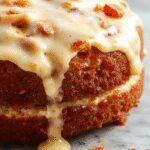 A decadent peach cake with a golden-brown crust topped with a generous layer of rich brown sugar frosting. Slices reveal moist peach chunks embedded in the airy sponge, garnished with fresh peach slices and a sprinkle of cinnamon. The cake is plated on a rustic wooden surface, with soft natural lighting highlighting its inviting textures and warm tones.
