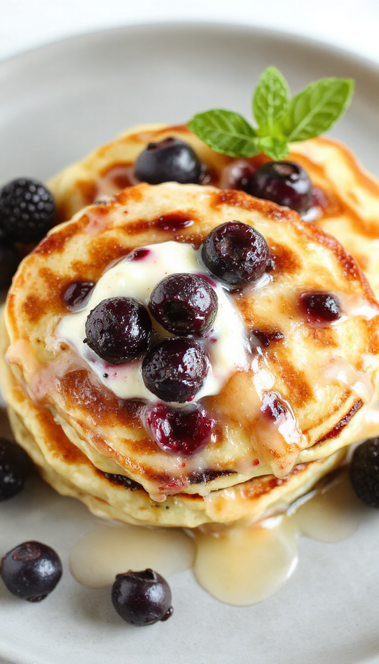A stack of golden-brown Greek yogurt pancakes topped with fresh, plump blueberries and a light dusting of powdered sugar, served on a white plate with a lemon wedge and mint garnish. The pancakes appear fluffy with a slight crisp edge, and the blueberries add pops of deep purple color contrasting with the creamy pancakes.