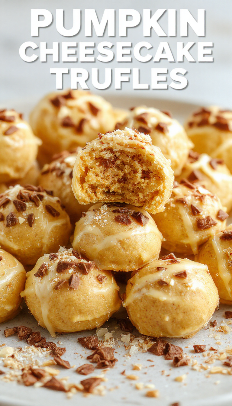 Close-up of round pumpkin cheesecake truffles coated in a smooth orange-colored coating, arranged on a rustic wooden platter with some crumbs and a cinnamon stick in the background. The truffles have a glossy finish, with a few partially bitten to reveal the creamy filling inside.