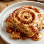 A warm pumpkin cinnamon roll bake in a rectangular baking dish, golden brown on top with a swirl of cinnamon and pumpkin, garnished with a drizzle of icing and a sprinkle of cinnamon, served alongside a cup of coffee on a rustic wooden table.