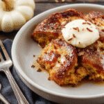 A golden-brown pumpkin French toast casserole topped with a sprinkle of powdered sugar and caramelized edges, served in a glass dish. The casserole shows a fluffy, custard-like interior with visible pumpkin swirls, garnished with a pat of melting butter and a drizzle of syrup, presented on a rustic wooden table with autumn decor in the background.