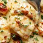 A close-up of a bowl of creamy crack chicken gnocchi featuring soft, plump gnocchi coated in a rich, creamy sauce with shredded chicken and garnish of chopped herbs, presented on a rustic wooden table with a sprinkle of grated cheese.