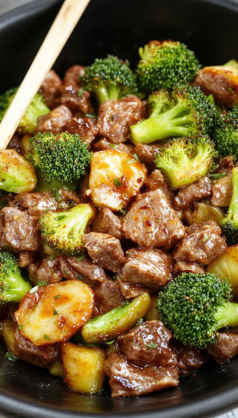 A vibrant stir-fry featuring tender ground beef and bright green broccoli florets coated in a glossy, savory sauce, served on a white plate with a sprinkle of sesame seeds and chopped green onions, set against a rustic wooden table.