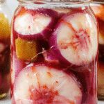 A glass jar filled with vibrant pink-red pickled red onions, thinly sliced and immersed in a clear vinaigrette, with a few onions spilling out onto a rustic wooden surface. The onions are glossy and slightly curled, showcasing their crisp texture. The background is softly blurred, emphasizing the colorful layers inside the jar and the fresh, tangy appeal of the pickles.