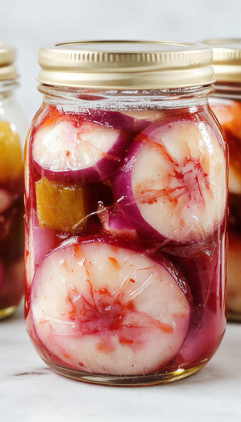 A glass jar filled with vibrant pink-red pickled red onions, thinly sliced and immersed in a clear vinaigrette, with a few onions spilling out onto a rustic wooden surface. The onions are glossy and slightly curled, showcasing their crisp texture. The background is softly blurred, emphasizing the colorful layers inside the jar and the fresh, tangy appeal of the pickles.