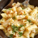 A steaming plate of creamy garlic penne pasta topped with finely chopped parsley, showcasing perfectly cooked al dente penne coated in a glossy white garlic sauce. The dish is presented on a rustic white plate with a sprig of parsley on top, highlighting the rich texture and creamy appearance.