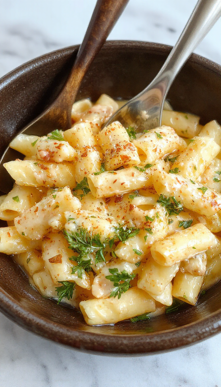 A steaming plate of creamy garlic penne pasta topped with finely chopped parsley, showcasing perfectly cooked al dente penne coated in a glossy white garlic sauce. The dish is presented on a rustic white plate with a sprig of parsley on top, highlighting the rich texture and creamy appearance.