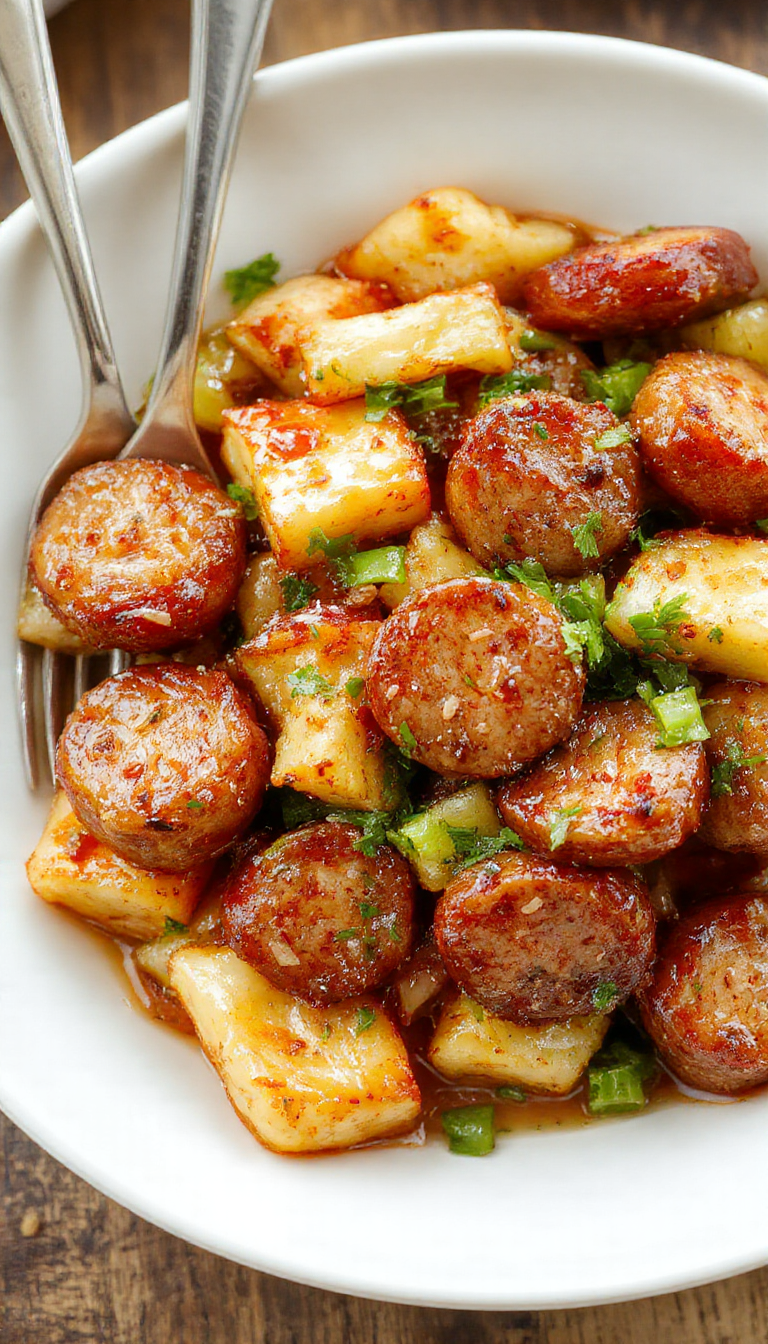 A vibrant skillet filled with golden-brown sausage slices, crunchy green cabbage, and colorful vegetables, all coated in a glossy glaze, garnished with fresh herbs, and served on a rustic wooden table with steam gently rising.