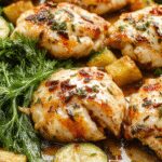A colorful sheet pan filled with golden-brown baked chicken pieces, vibrant green zucchini slices, cherry tomatoes, and herbs, arranged attractively for a rustic meal. The chicken has a crispy exterior, nestled among the fresh vegetables, all glistening with olive oil and herbs, showcasing a balance of textures and colors.