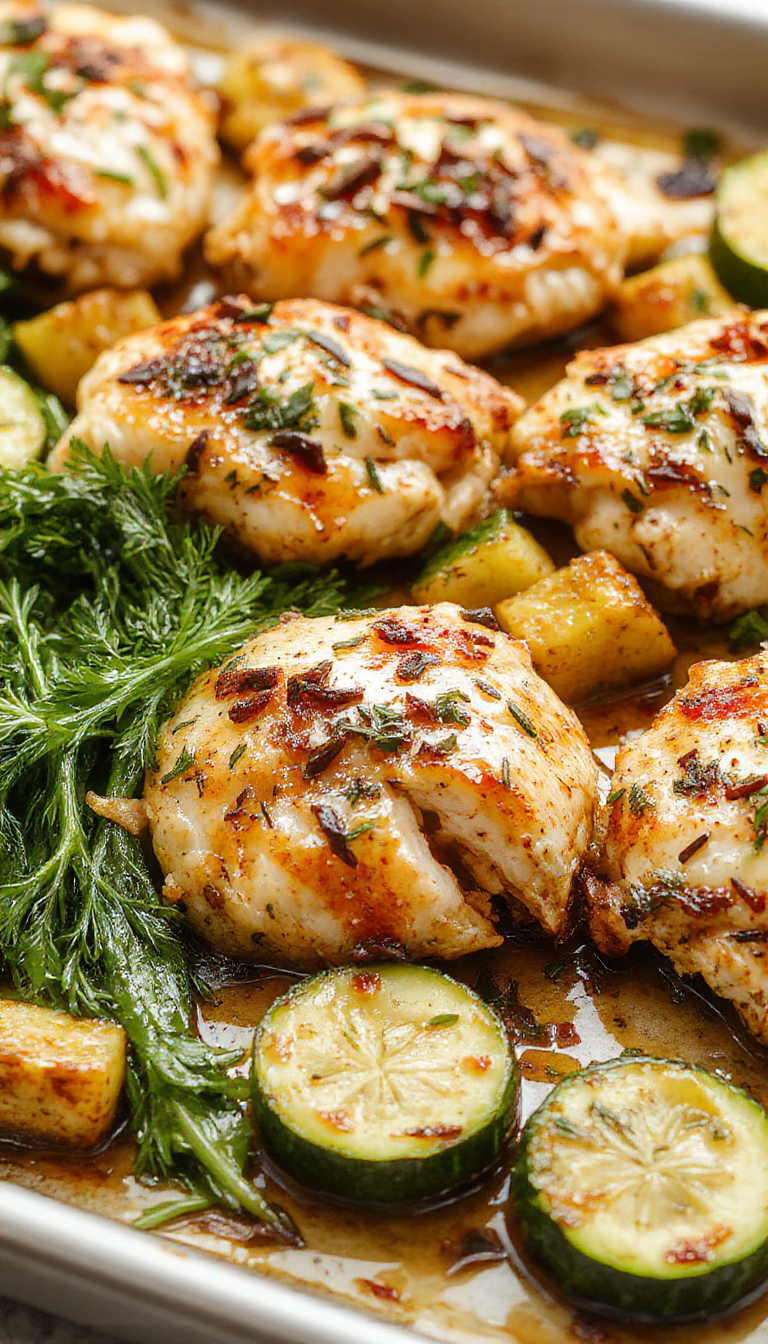 A colorful sheet pan filled with golden-brown baked chicken pieces, vibrant green zucchini slices, cherry tomatoes, and herbs, arranged attractively for a rustic meal. The chicken has a crispy exterior, nestled among the fresh vegetables, all glistening with olive oil and herbs, showcasing a balance of textures and colors.